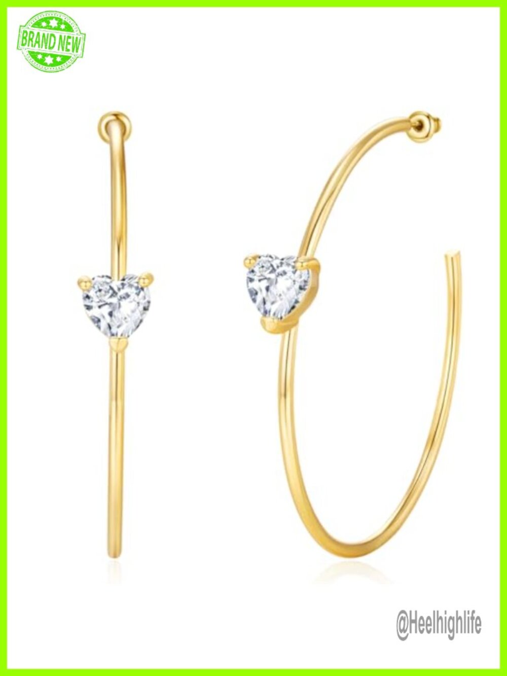 Large Gold Hoop Earrings 14k Gold Plated 925 Sterling Silver Heart CZ Hoops